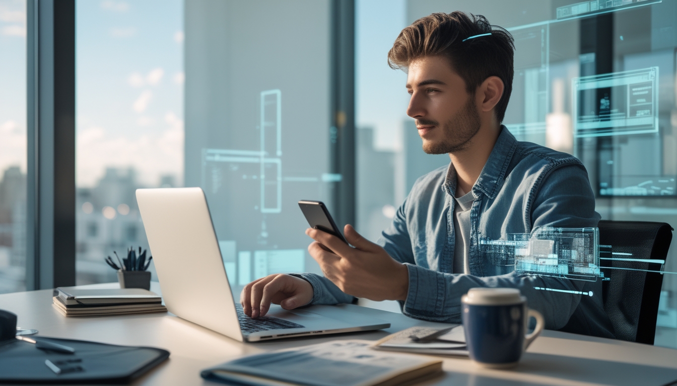 Seseorang duduk di meja dengan laptop dan ponsel di ruangan terang, terlihat fokus dan profesional.