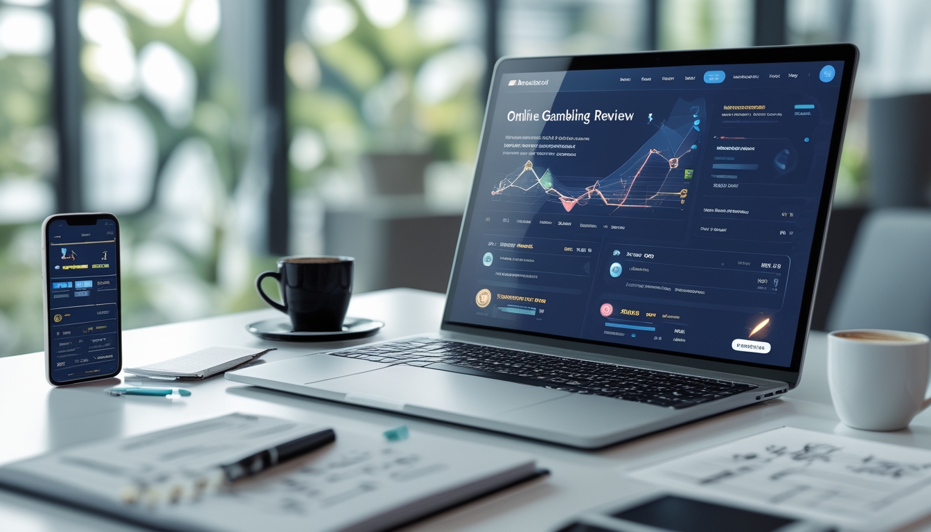Meja kerja modern dengan laptop yang menampilkan situs ulasan judi online dan perangkat digital lainnya di kantor terang.