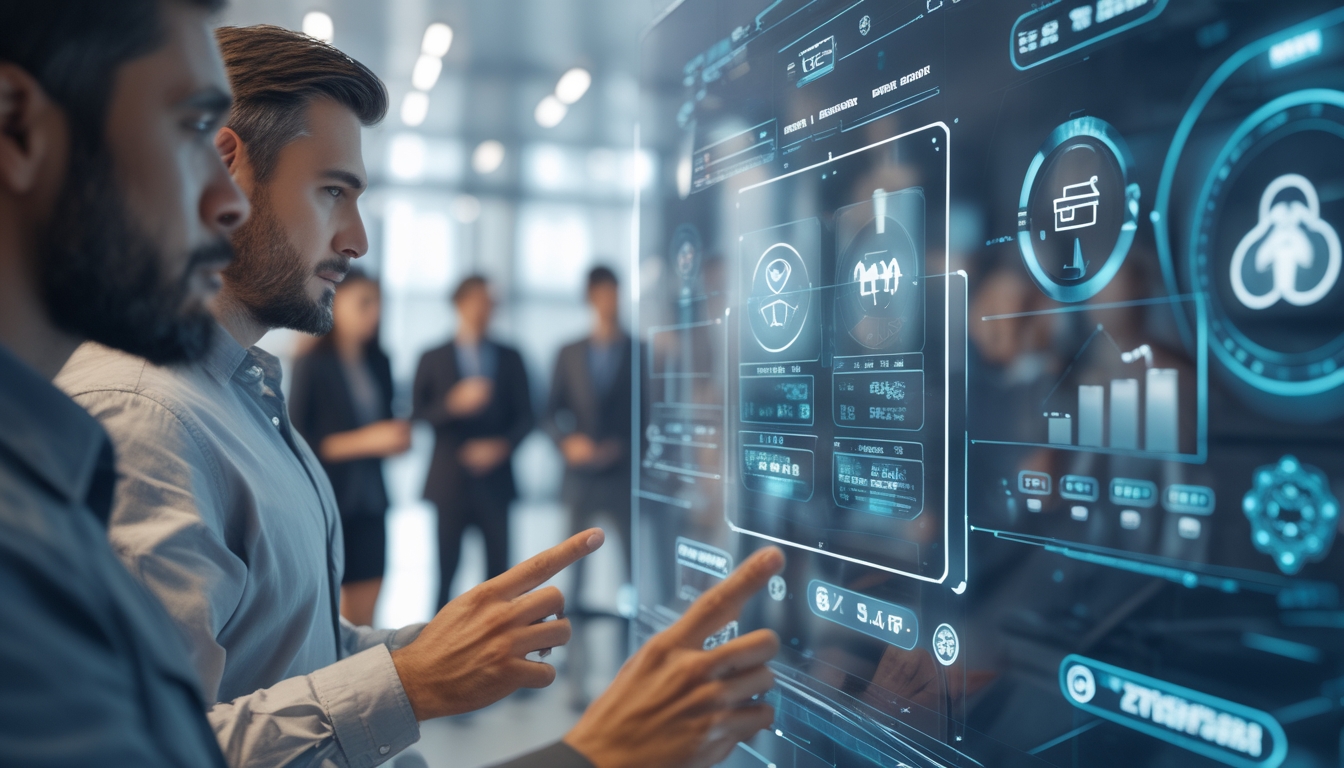 Beberapa orang dewasa sedang berinteraksi dengan layar digital futuristik yang menampilkan fitur taruhan online dalam lingkungan kantor modern.