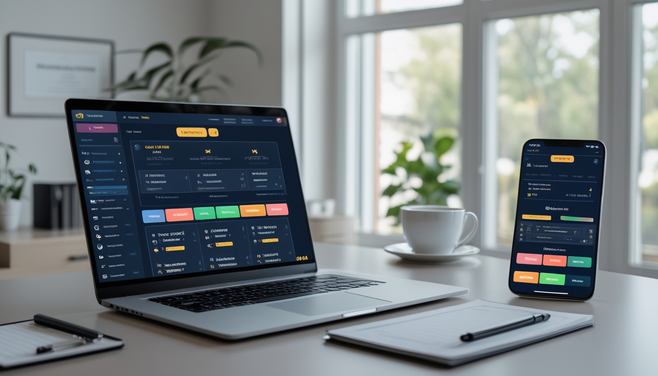Meja kerja modern dengan laptop dan ponsel yang menampilkan aplikasi taruhan online, suasana terang dan rapi dengan alat tulis dan secangkir kopi.