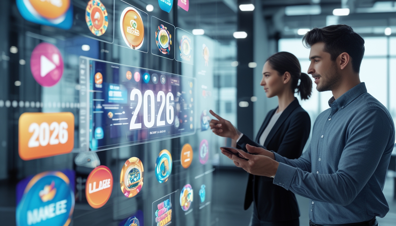 Dua orang muda berinteraksi dengan layar sentuh digital yang menampilkan platform permainan judi online terbaru di lingkungan kantor modern.