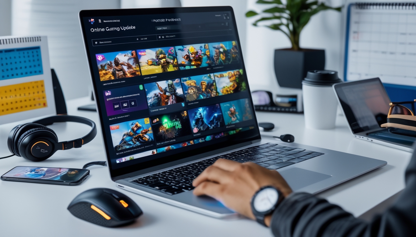 Seorang profesional bekerja di depan laptop dengan aksesori game di meja, menampilkan layar dengan berbagai game online dan notifikasi pembaruan.