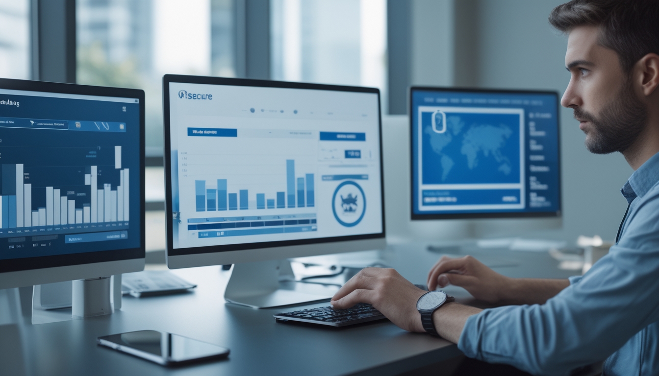 Seorang pria profesional sedang menganalisis data di depan beberapa layar komputer di kantor modern.