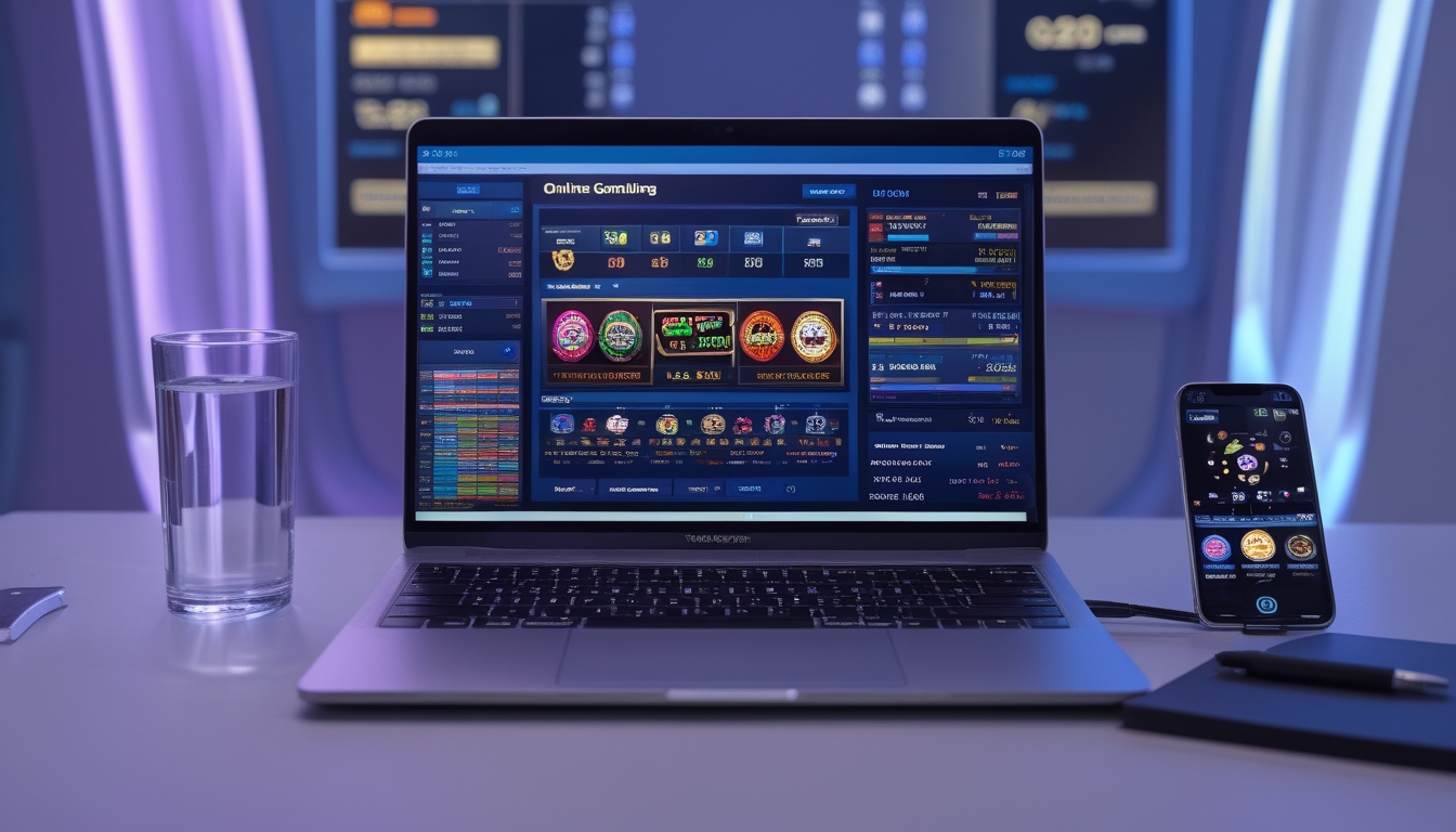 Seorang pemain duduk di depan laptop dengan tampilan permainan judi online, ditemani ponsel dan buku catatan di meja kerja.