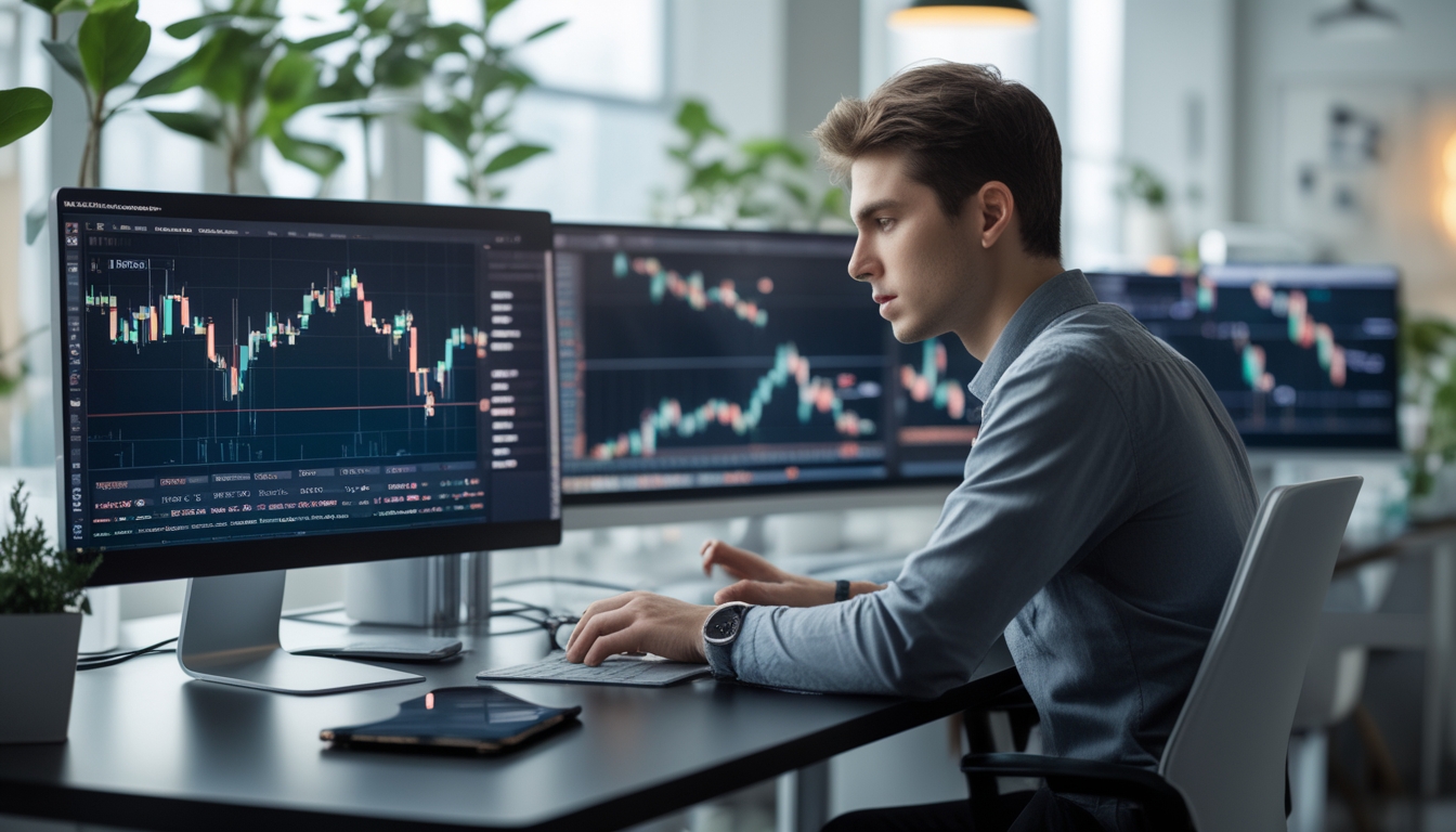 Seorang dewasa muda sedang menganalisis data keuangan di ruang kerja modern dengan komputer dan ponsel di meja.