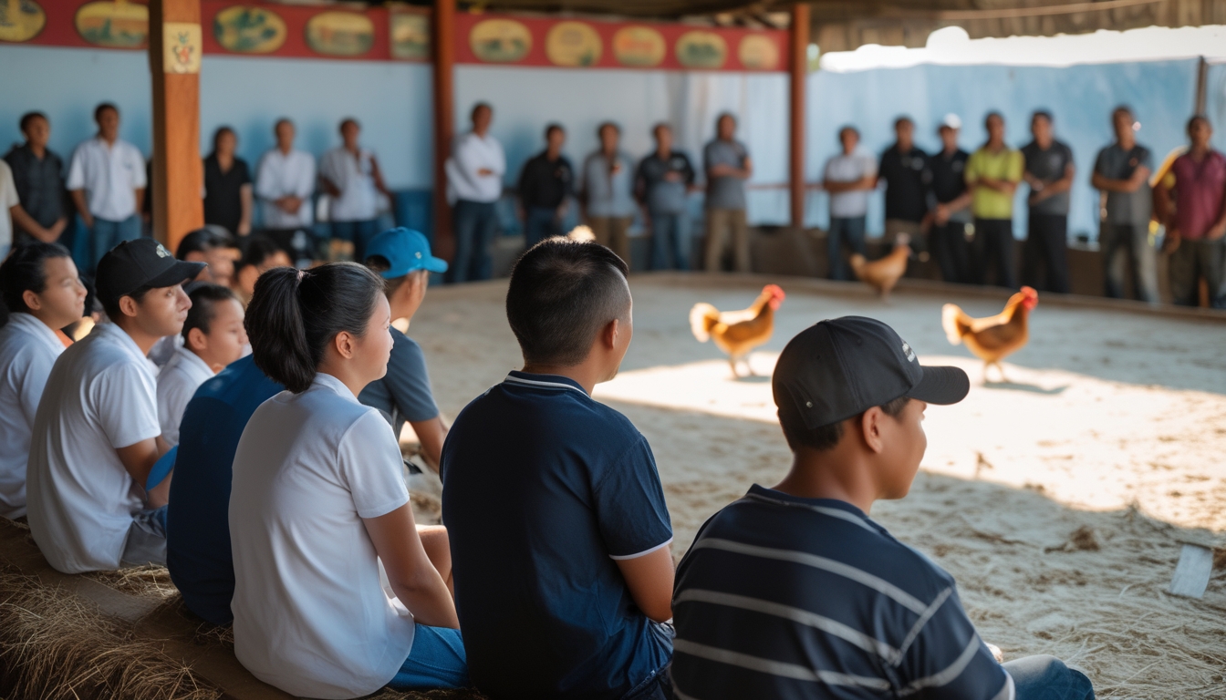 Sekelompok orang memperhatikan arena sabung ayam dengan serius dan antusias, menunjukkan suasana belajar dan profesionalisme dalam kegiatan tersebut.