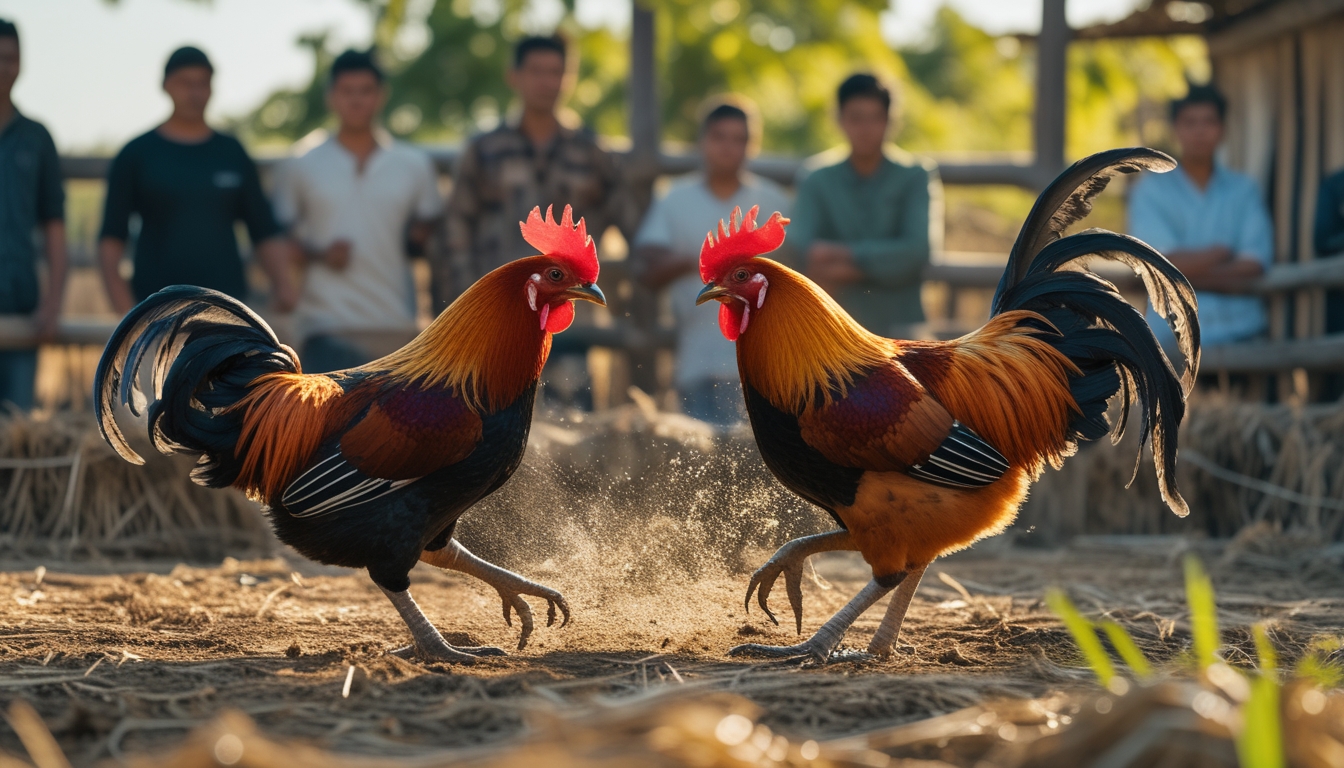 Dua ayam jantan bertarung dalam suasana tradisional dengan beberapa penonton yang memperhatikan pertandingan.