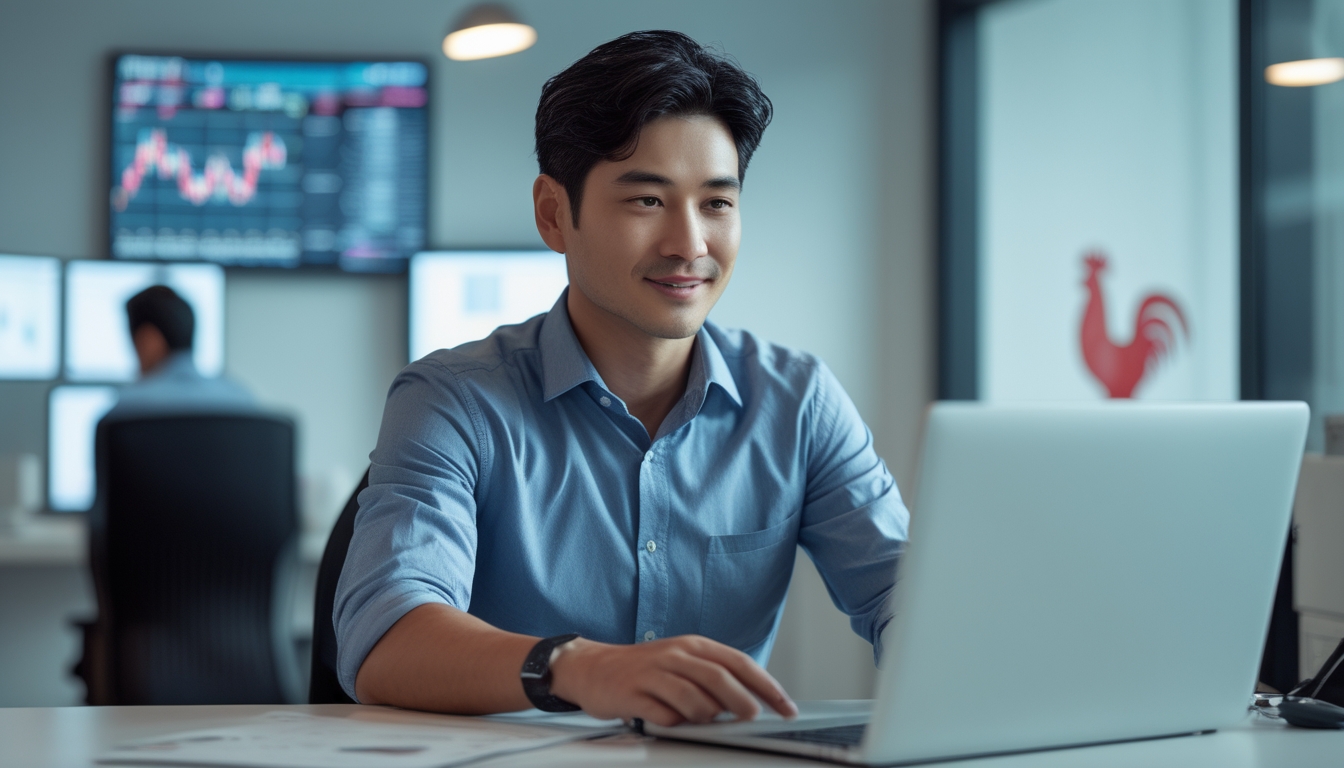 Seorang pria Asia Tenggara duduk di meja dengan laptop, fokus melihat data dan grafik di layar di sebuah kantor modern yang terang.