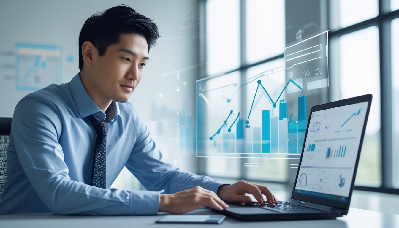 Seorang pria Asia Tenggara duduk di meja kantor modern sambil melihat laptop dan menganalisis data dengan ekspresi fokus.