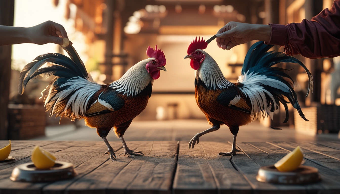 Dua ayam jantan sedang bertarung di lingkungan yang rapi dan terang dengan tangan manusia yang saling bertukar kartu di latar belakang.