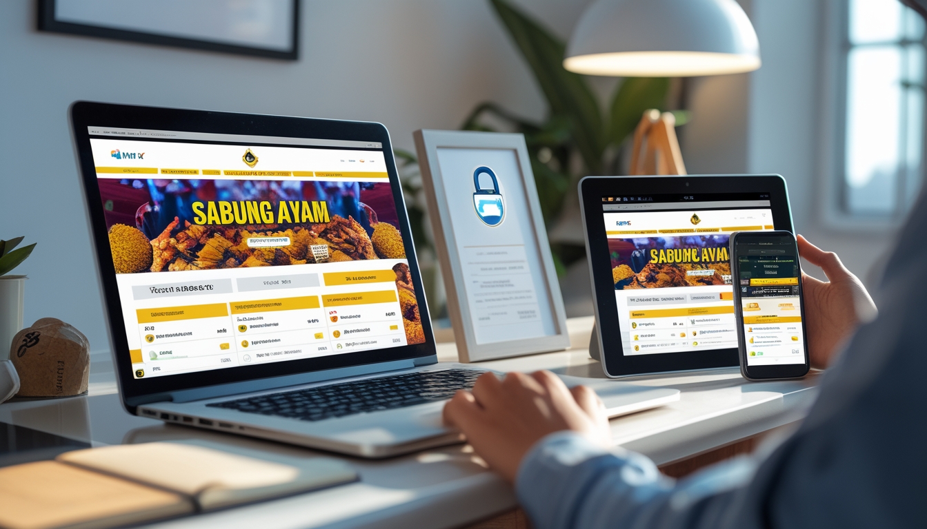 Seorang pengguna sedang berinteraksi dengan laptop dan perangkat lain yang menampilkan situs sabung ayam online terpercaya di sebuah meja kerja yang terang dan rapi.