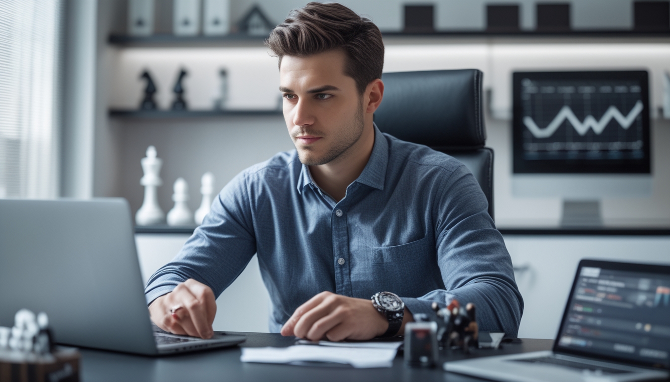 Seorang pria fokus duduk di meja dengan laptop dan ponsel yang menampilkan grafik, di ruangan kantor modern dengan papan catur dan patung berjabat tangan di latar belakang.