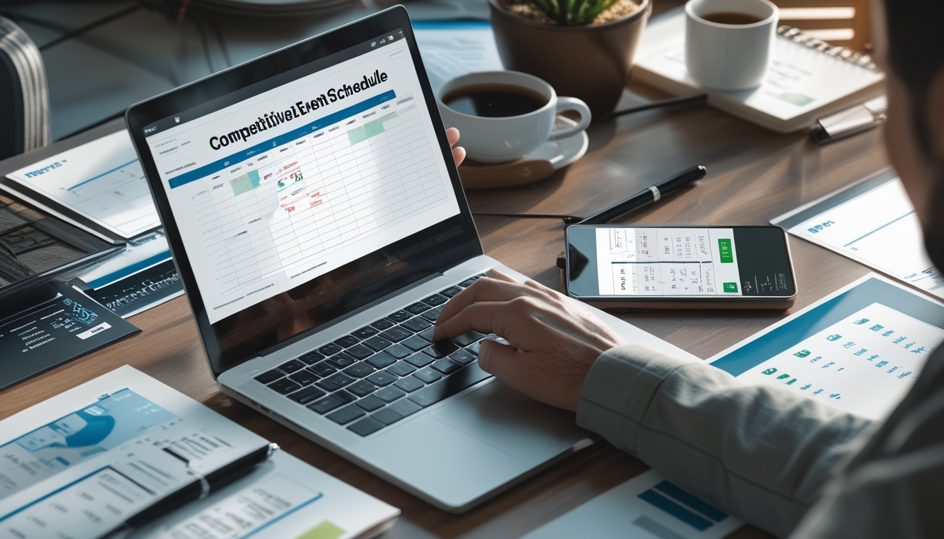 Sebuah ruang kerja modern dengan laptop, kalender, dan ponsel yang menunjukkan jadwal pertandingan terbaru, dikelilingi dokumen dan alat tulis.