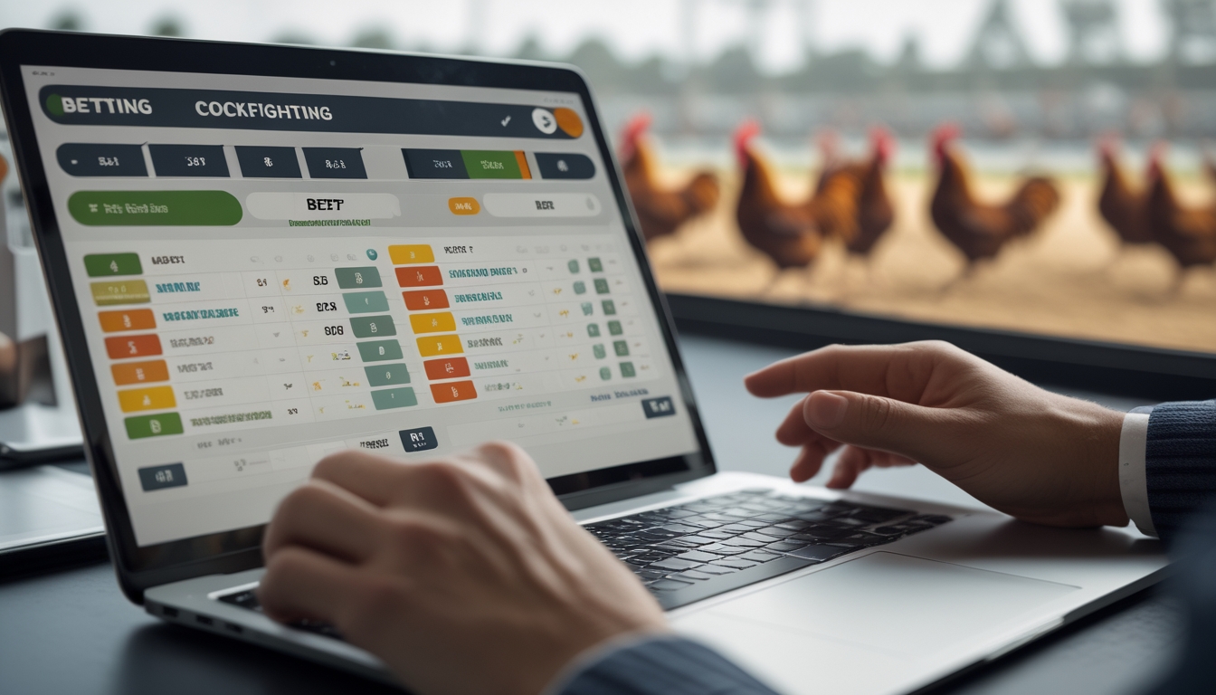 Seseorang menggunakan perangkat digital untuk memilih jenis taruhan sabung ayam dengan latar belakang arena sabung ayam yang samar.