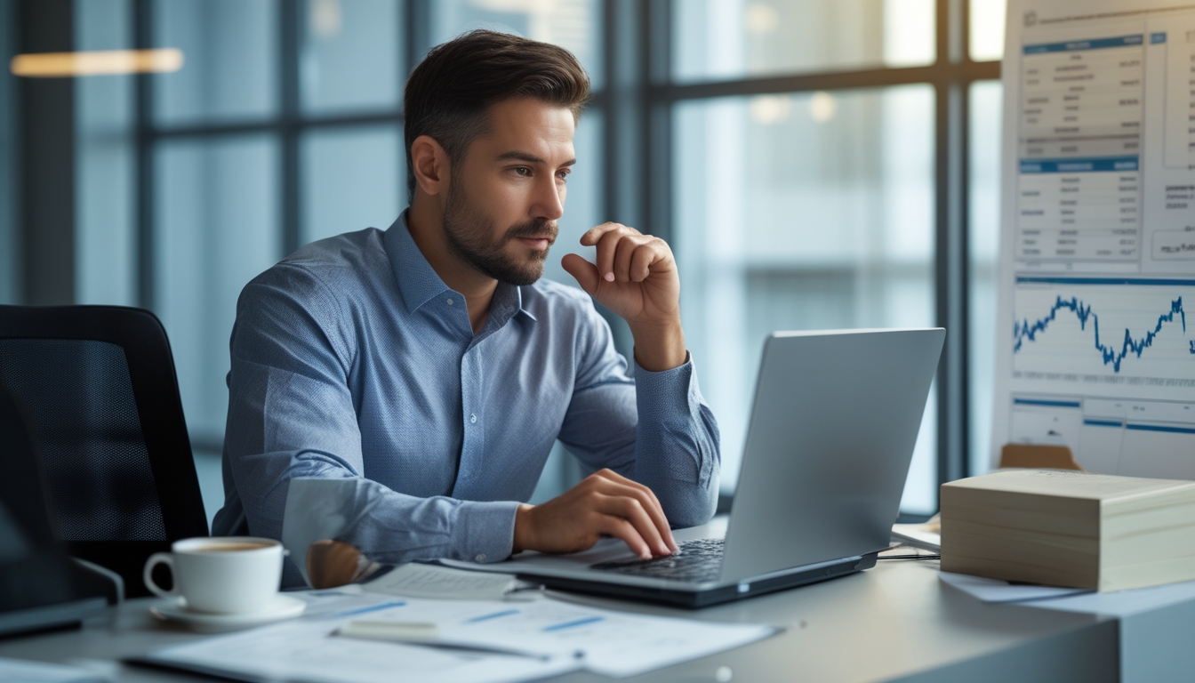 Seorang pria bisnis sedang menganalisis data keuangan di meja kerja dengan laptop dan kalkulator di kantor modern.