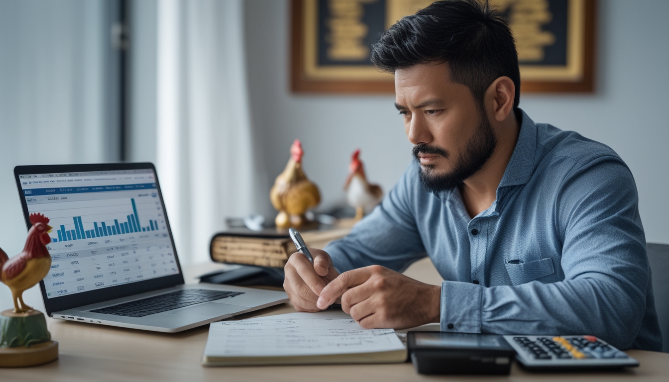 Seorang pria dewasa sedang mengelola keuangan di meja kerja dengan laptop, kalkulator, dan catatan, menandakan pengelolaan modal yang hati-hati.