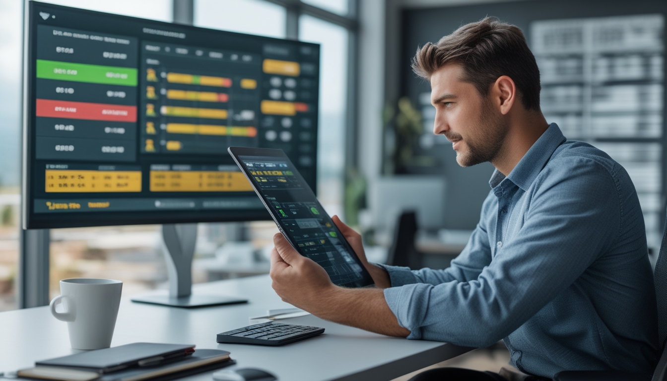 Seorang pria sedang menganalisis data pacuan kuda menggunakan tablet di kantor modern.