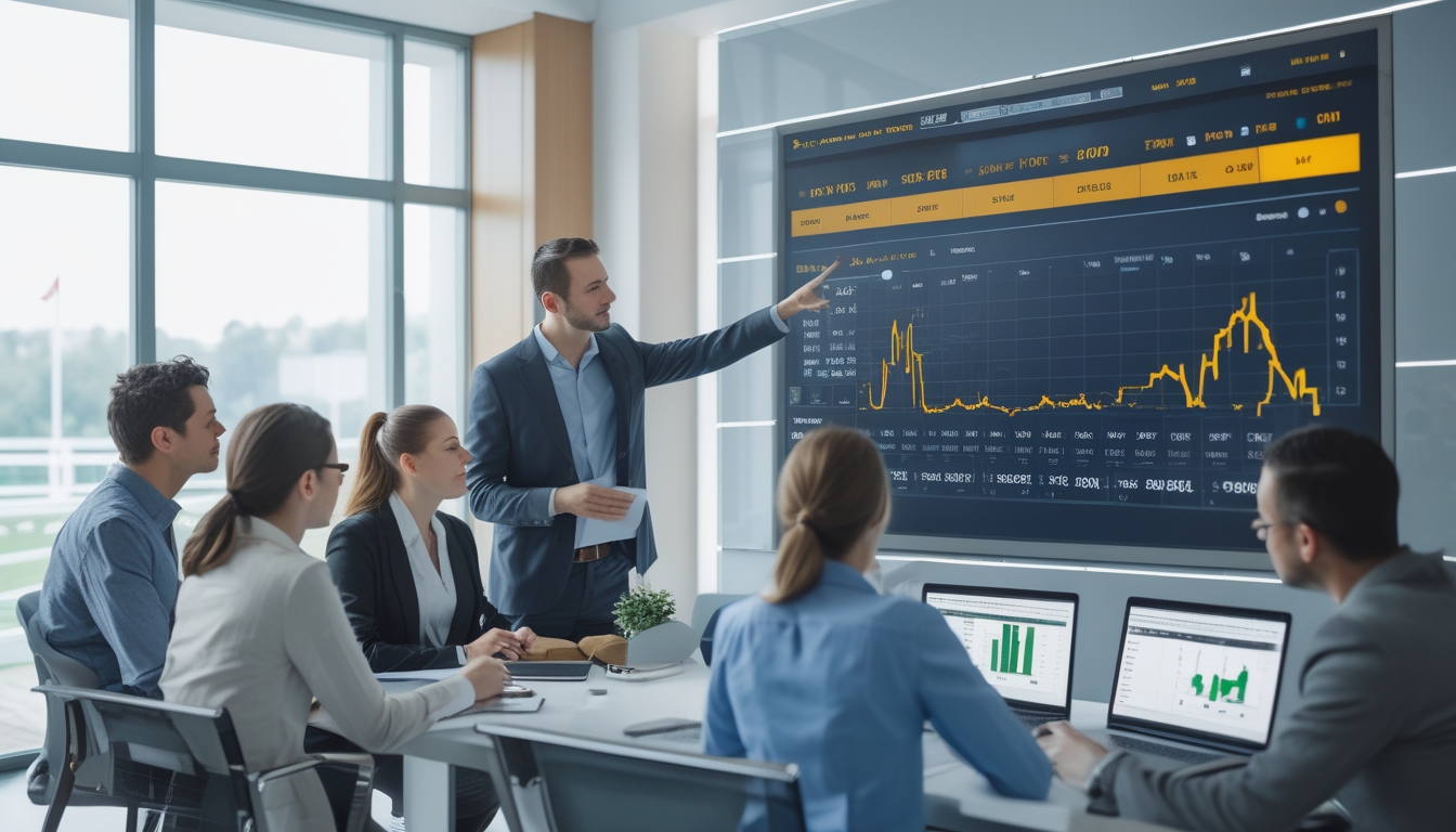 Sekelompok profesional sedang berdiskusi dan menganalisis data pacuan kuda di ruang kantor dengan layar digital besar menampilkan statistik balapan.