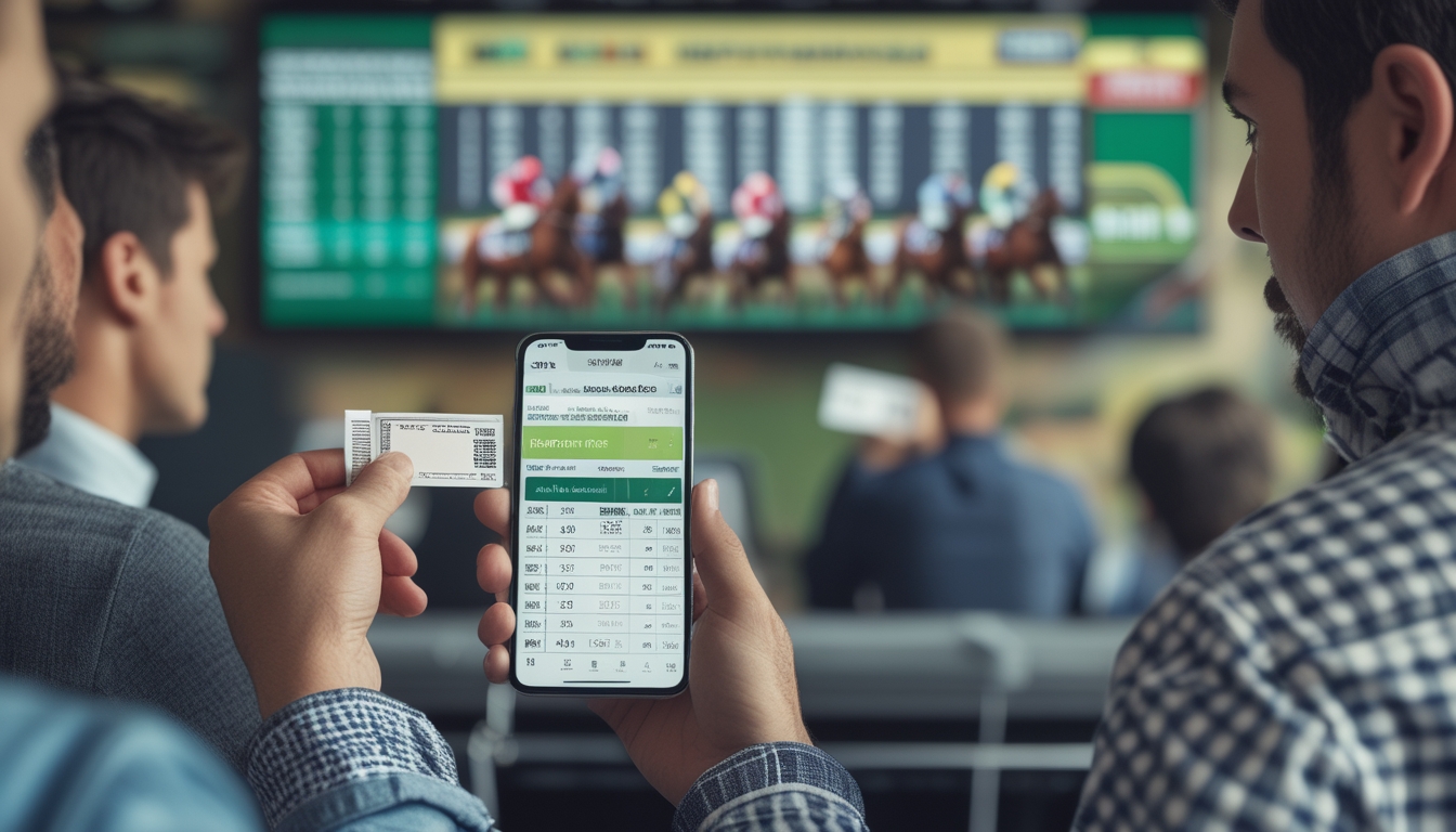 Orang-orang sedang mempelajari tiket taruhan dan grafik odds pada pacuan kuda di sebuah tempat taruhan.