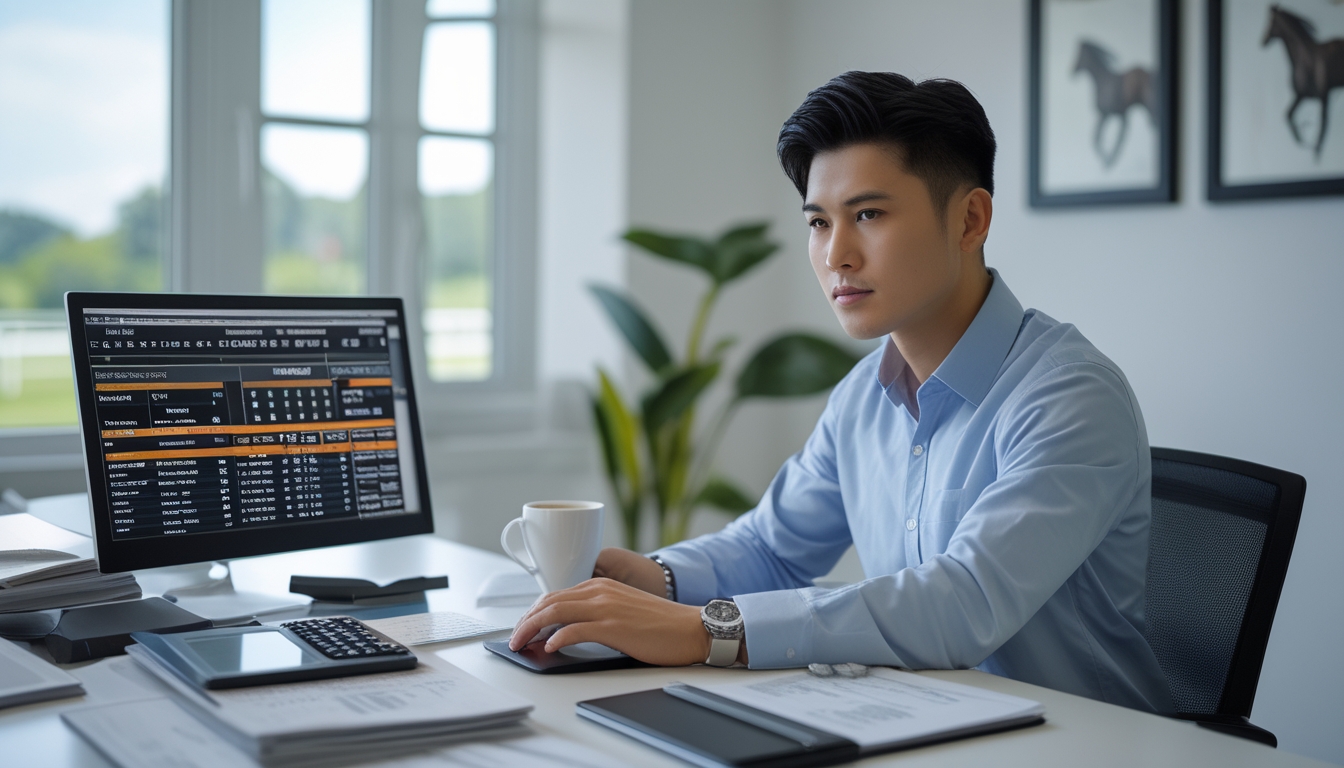 Seorang pria muda fokus bekerja di depan laptop dengan dokumen dan kalkulator di meja, menunjukkan pengelolaan modal saat bermain judi pacuan kuda online.