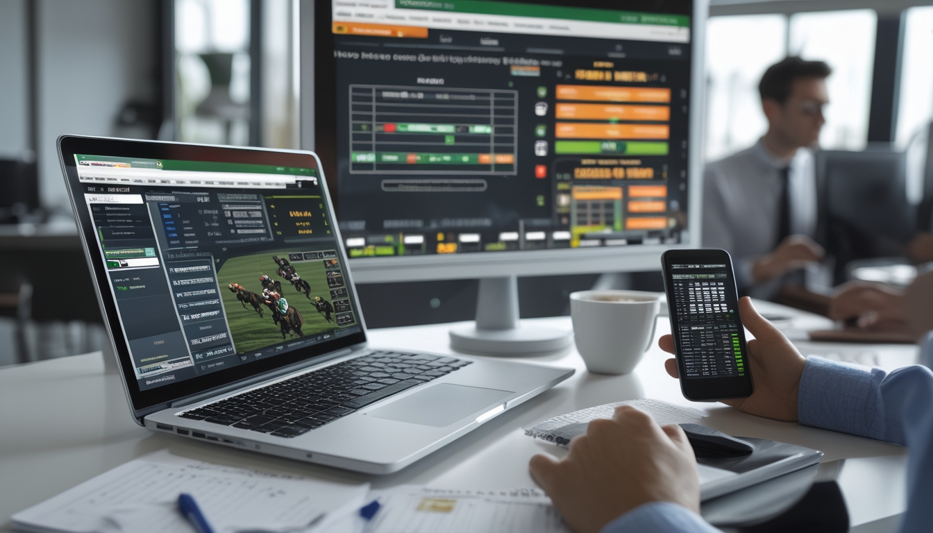 Orang sedang menggunakan laptop dan layar besar untuk melihat data dan taruhan pacuan kuda online di ruang kerja modern.
