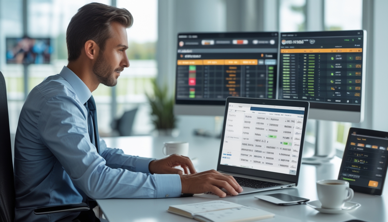 Seorang pria duduk di meja modern sambil menganalisis data pacuan kuda di laptop dan layar digital dengan grafik dan peluang taruhan.