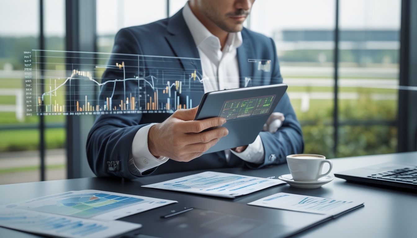 Seorang pria bisnis yang percaya diri sedang menganalisis data pacuan kuda pada tablet di kantor modern dengan pemandangan lintasan pacuan kuda di latar belakang.