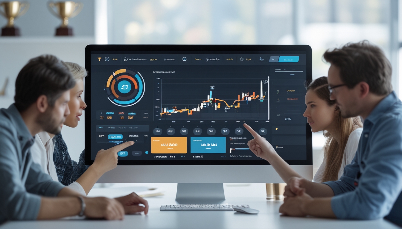 Beberapa orang sedang melihat layar komputer yang menampilkan data dan informasi taruhan pacuan kuda dalam ruangan kantor yang terang.
