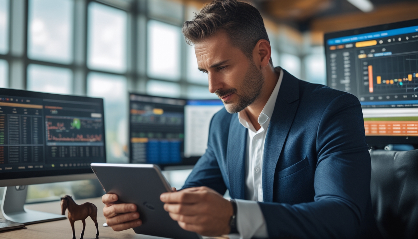 Seorang pria sedang menganalisis data pacuan kuda menggunakan tablet di kantor modern.
