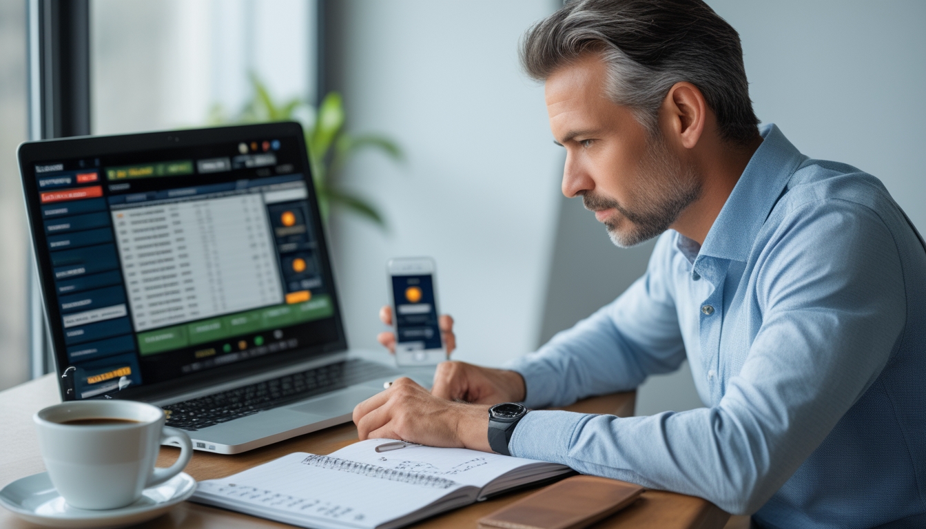 Seorang pria dewasa sedang mengelola keuangan di meja kerja dengan laptop yang menampilkan data pacuan kuda online.
