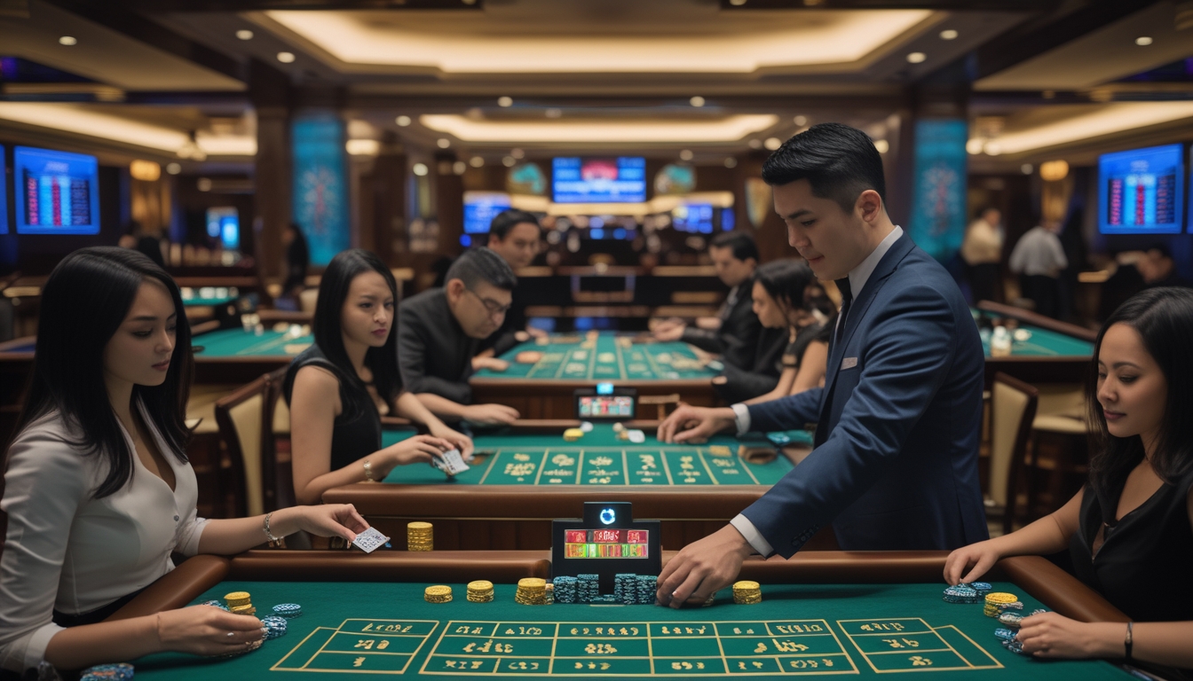 Beberapa orang bermain baccarat di meja kasino yang elegan dengan dealer yang sedang membagikan kartu.