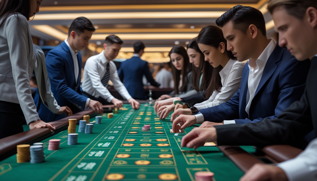 Beberapa pemain dan dealer sedang bermain baccarat di beberapa meja kasino yang bersebelahan.