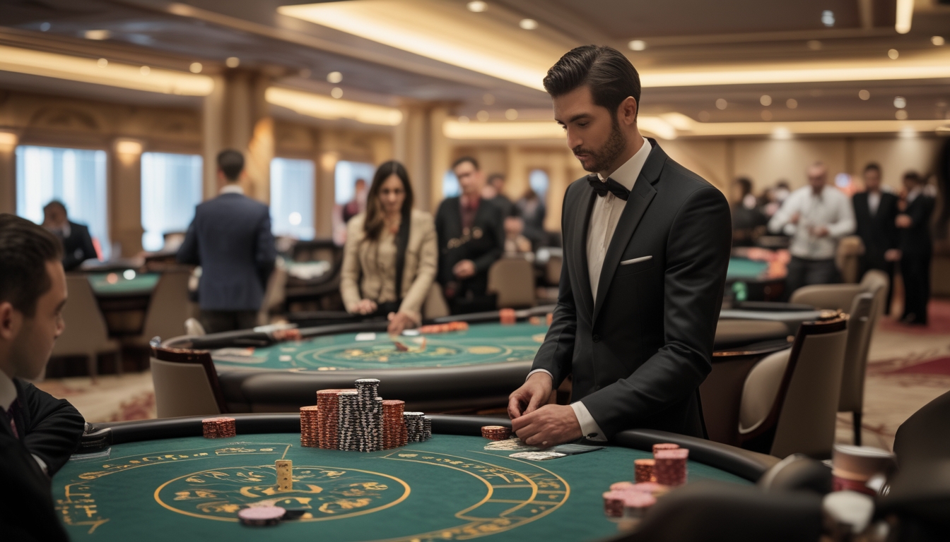 Beberapa pemain dan dealer sedang bermain baccarat di beberapa meja dalam ruangan kasino yang elegan.