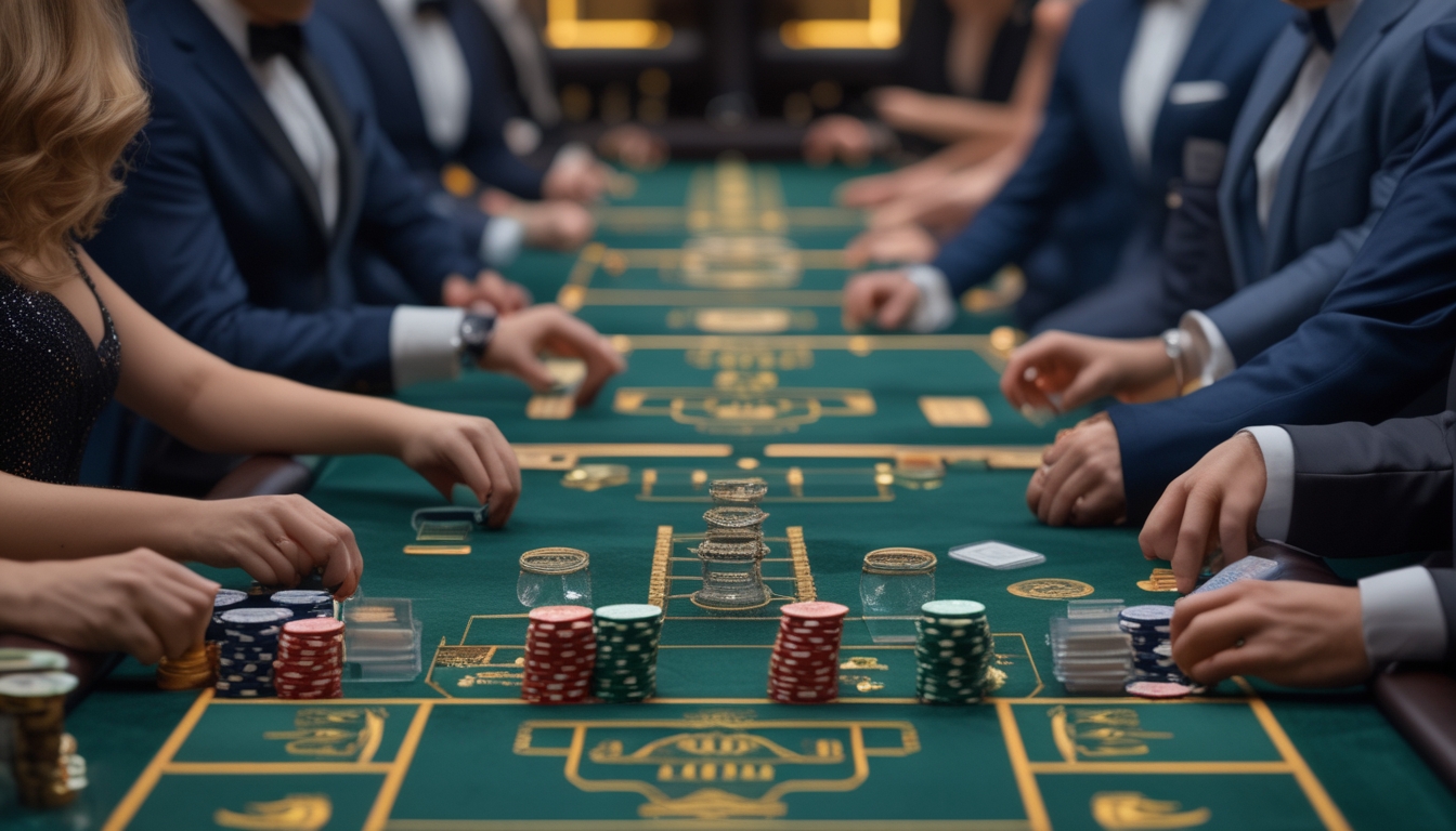 Beberapa pemain dan dealer sedang bermain baccarat di beberapa meja dalam suasana kasino yang mewah.
