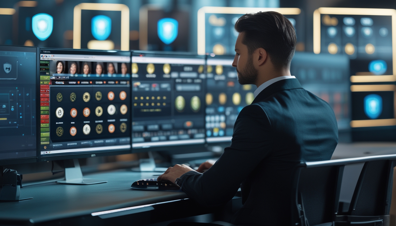 Seorang individu profesional duduk di depan beberapa monitor komputer yang menampilkan permainan baccarat multitable dalam suasana yang aman dan terpercaya.