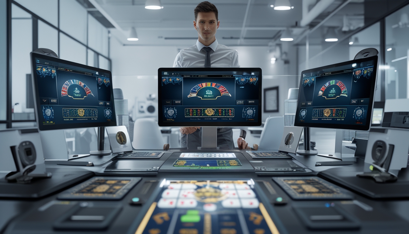 Seseorang menggunakan komputer dengan beberapa layar menampilkan permainan baccarat multitable di ruang kantor yang terang dan rapi.