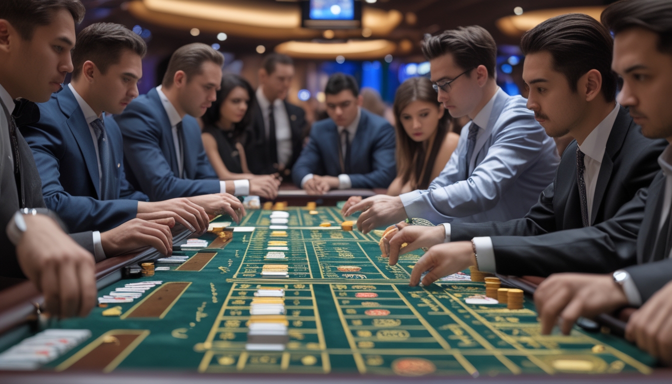 Beberapa pemain yang fokus sedang bermain baccarat di beberapa meja dalam suasana kasino yang elegan.