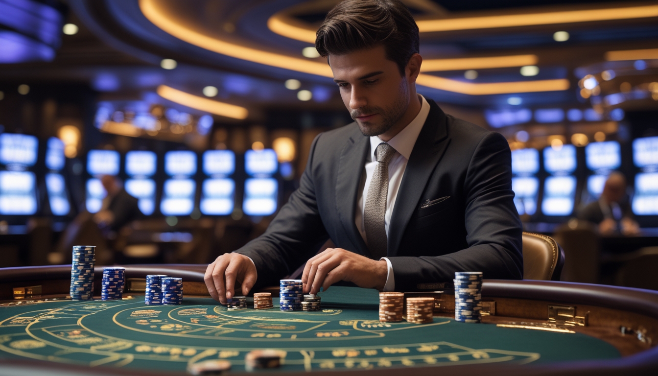 Seorang pemain berjubah rapi duduk di meja baccarat dengan beberapa layar atau meja di latar belakang, sedang fokus menganalisis kartu dan chip di suasana kasino.