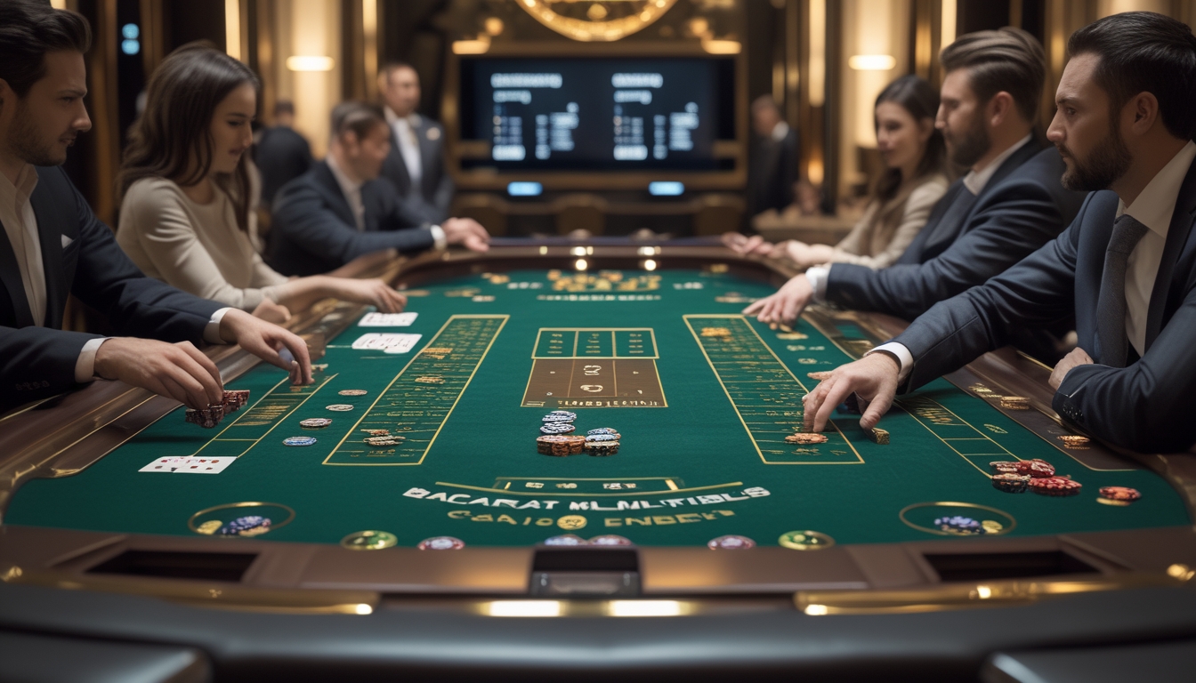 Beberapa meja baccarat yang berjejer di dalam kasino dengan kartu, chip, dan dealer yang sedang bermain.