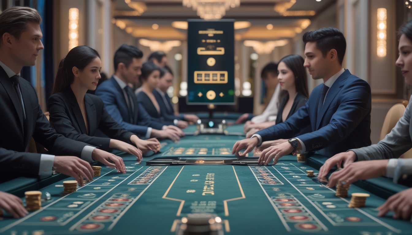 Suasana kasino dengan beberapa meja baccarat berdampingan, dealer membagikan kartu dan pemain fokus bermain.
