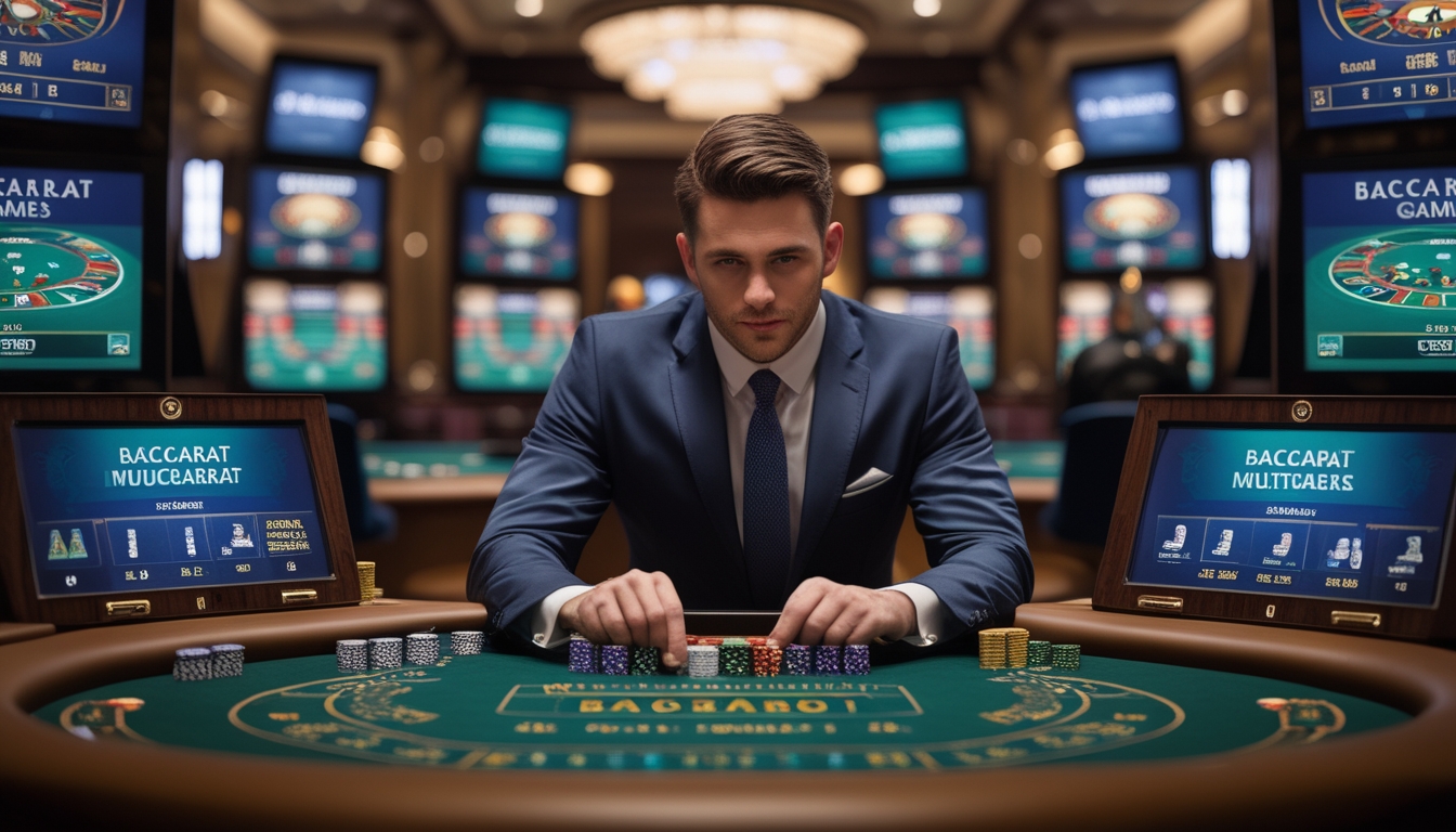 Seorang pria fokus duduk di meja baccarat dengan beberapa layar yang menampilkan permainan baccarat di kasino mewah.