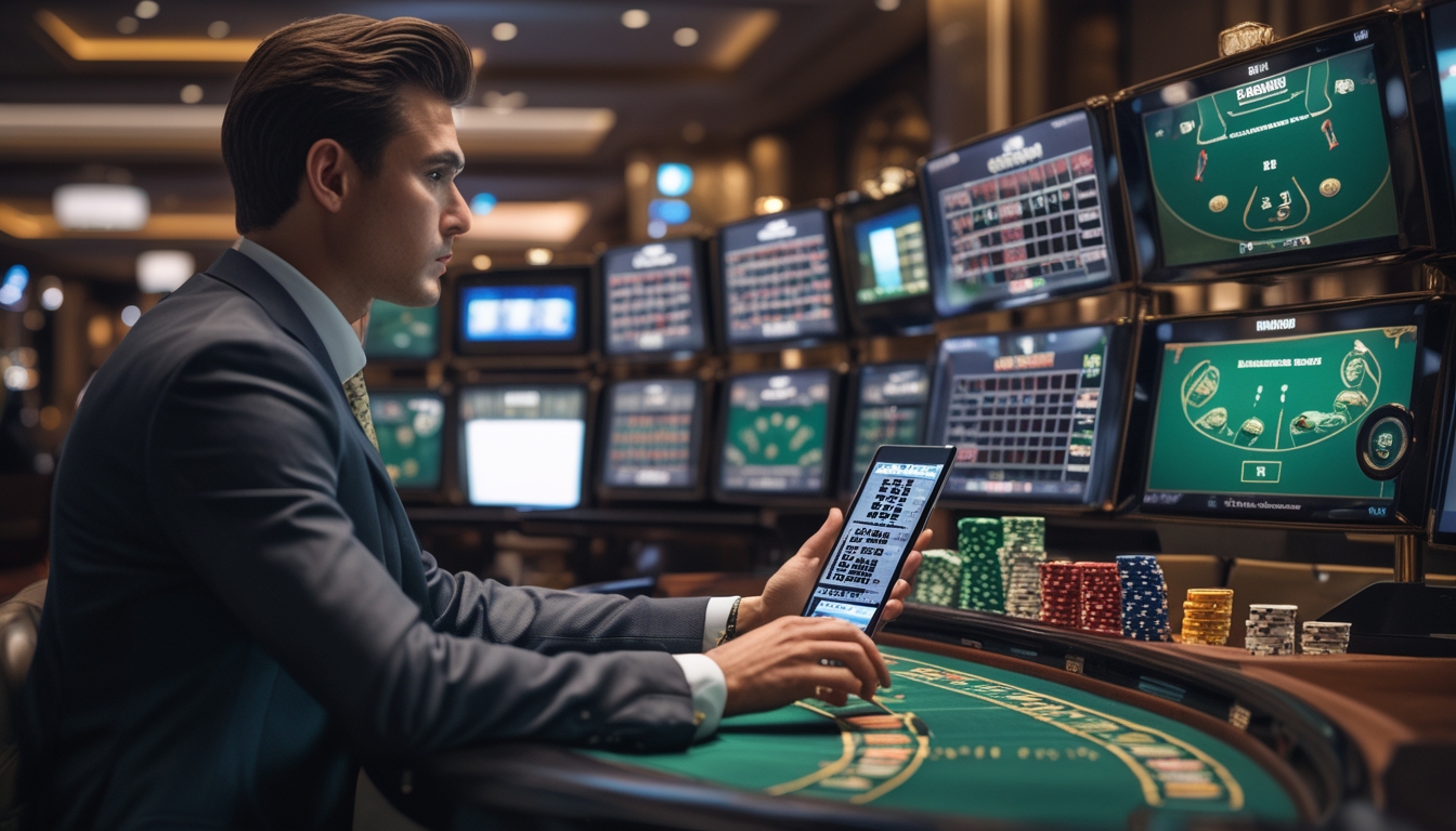 Seorang pemain profesional duduk di meja baccarat dengan beberapa layar menampilkan permainan baccarat secara bersamaan, fokus dan serius mengamati permainan.