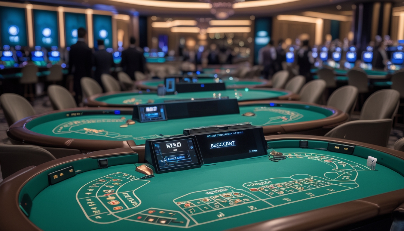 Suasana kasino modern dengan beberapa meja baccarat berteknologi tinggi yang menampilkan antarmuka virtual dan layar RNG.