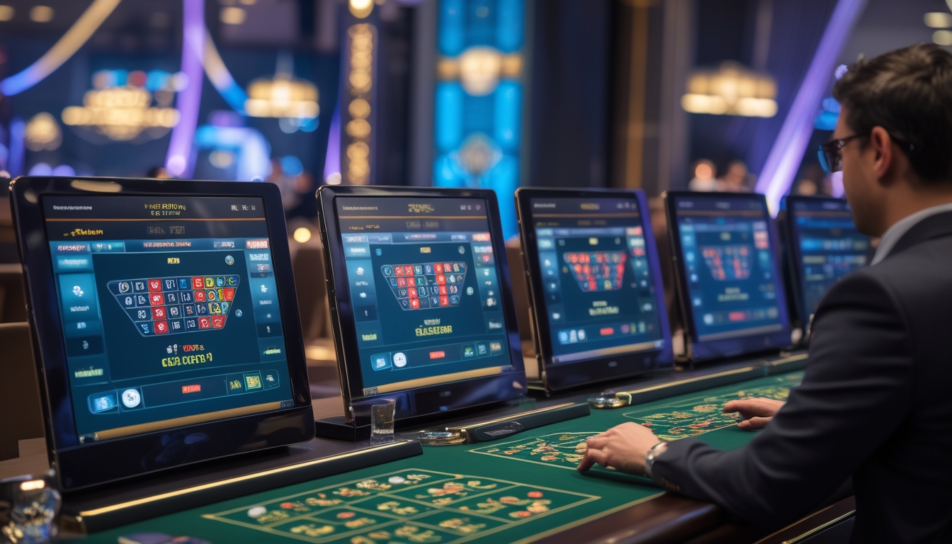 Beberapa meja baccarat virtual dengan tampilan digital di layar besar dalam suasana kasino modern.