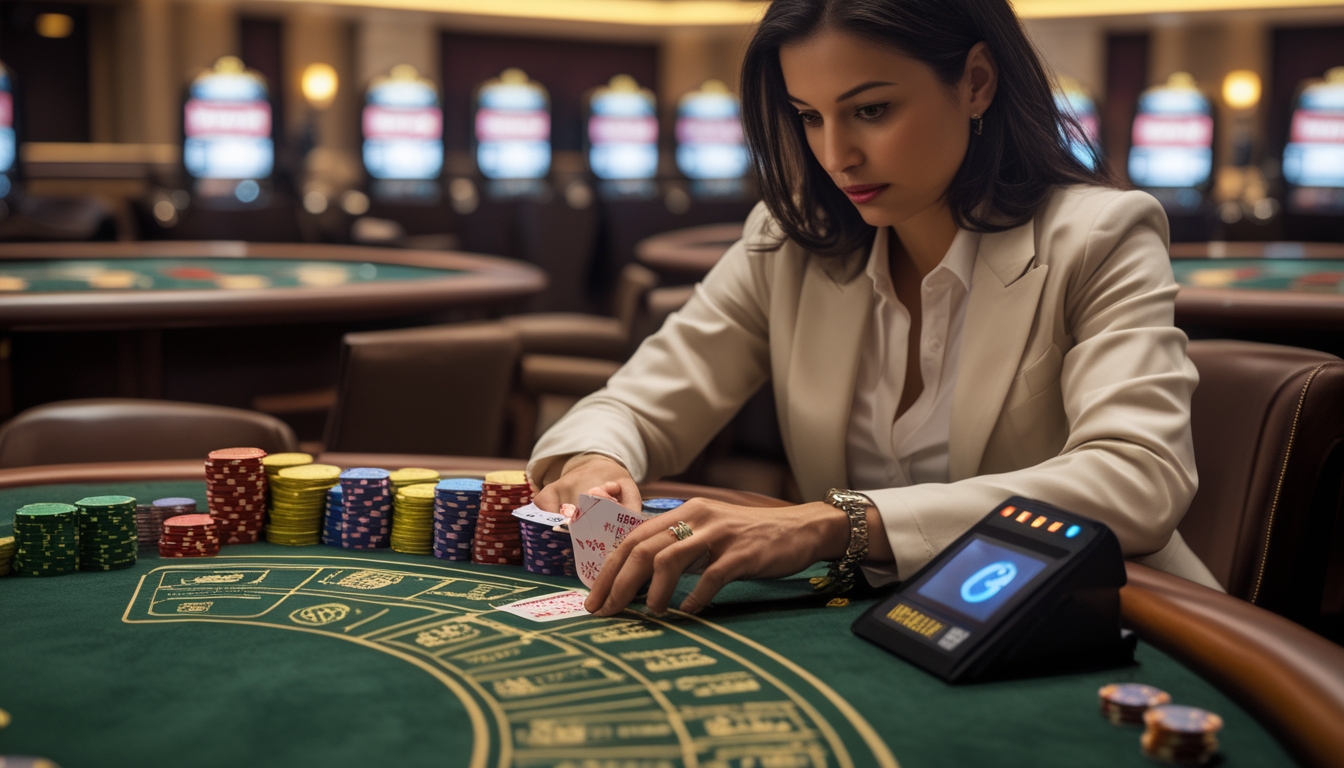 Seorang pemain fokus bermain baccarat di kasino dengan beberapa meja baccarat di latar belakang.
