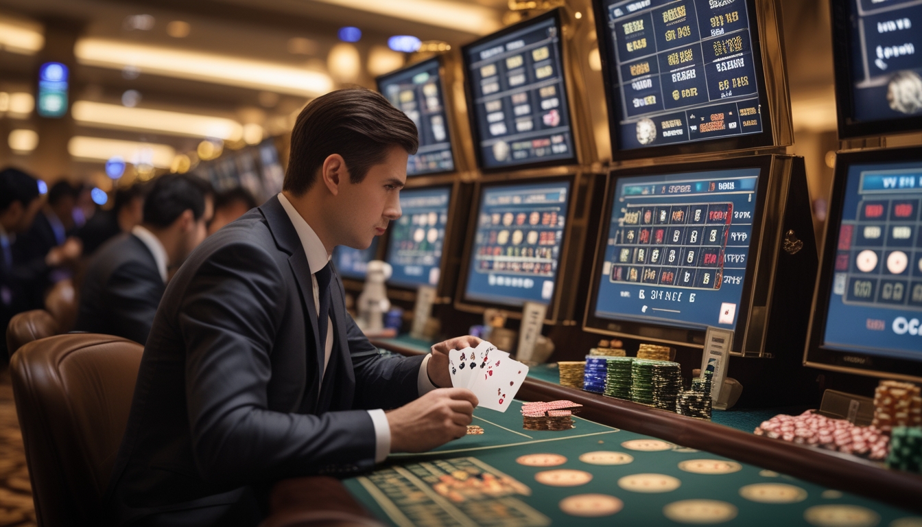 Seorang pemain berpakaian rapi duduk di meja baccarat dengan beberapa layar yang menampilkan permainan baccarat secara bersamaan, sedang fokus menganalisis strategi dalam suasana kasino.