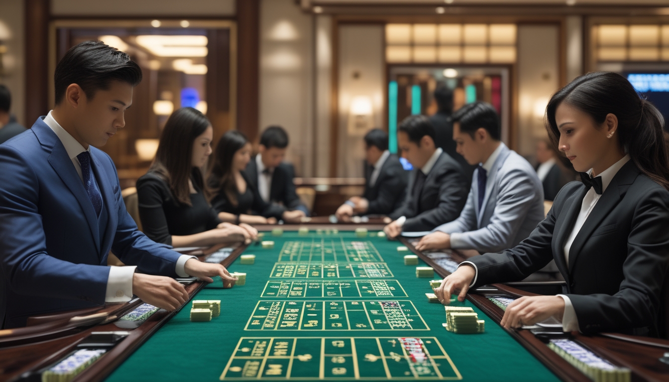 Beberapa pemain dan dealer sedang bermain baccarat di beberapa meja kasino yang berjejer, dengan suasana mewah dan pencahayaan hangat.