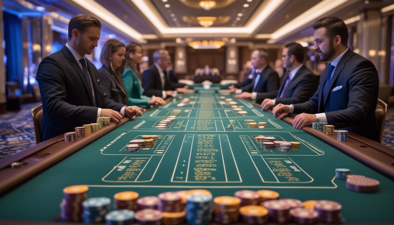 Beberapa meja Baccarat dengan pemain dan dealer yang sedang bermain di kasino.