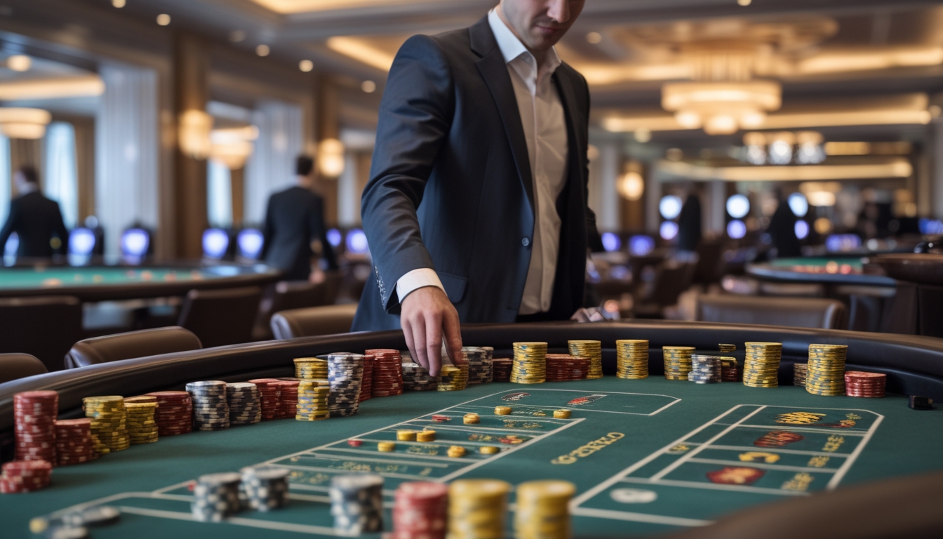 Seorang pemain berpakaian rapi sedang mengatur chip di beberapa meja baccarat di dalam kasino dengan pencahayaan lembut.