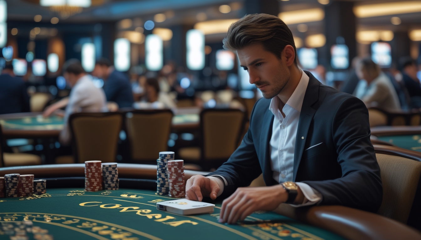 Seorang pemain sedang mengelola chip dan mencatat strategi di meja baccarat dengan beberapa meja lain di latar belakang di dalam kasino.